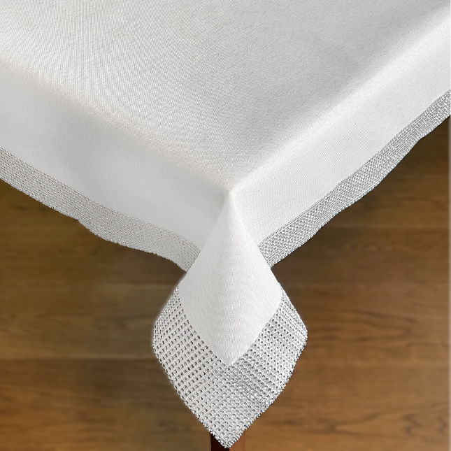 Obrus glamour z cyrkoniami biały prostokątny z lurexu - 150x260 cm