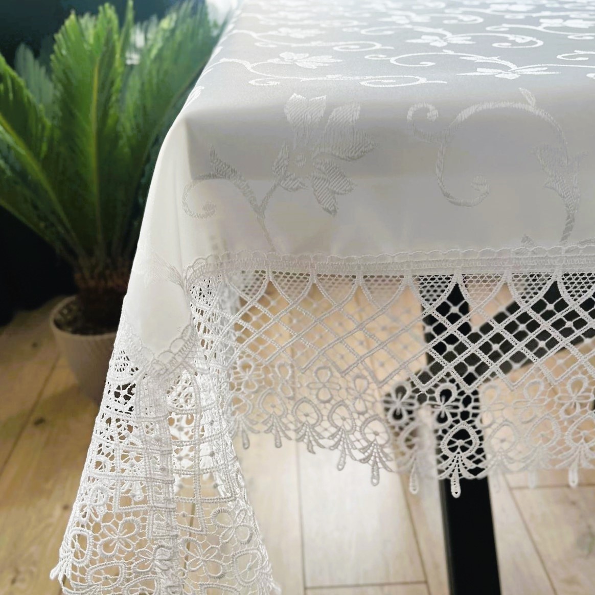 Obrus z gipiurą Gałązka prostokątny biały elegancki 150x260 cm Obrus z gipiurą Gałązka prostokątny biały elegancki 150x260 cm