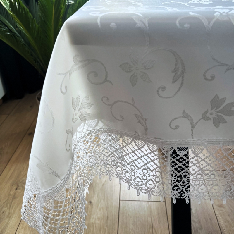 Obrus z gipiurą Gałązka prostokątny biały elegancki 150x260 cm