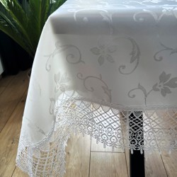 Obrus z gipiurą Gałązka prostokątny biały elegancki 150x300 cm