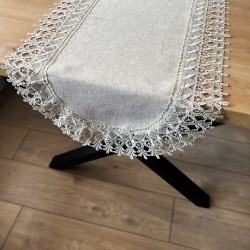 Bieżnik z gipiurą owalny imitacja lnu beżowy stylowy - 40x85 cm