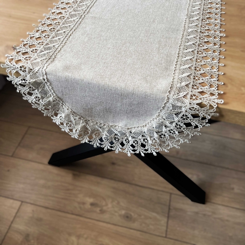 Bieżnik z gipiurą owalny imitacja lnu beżowy stylowy - 40x85 cm