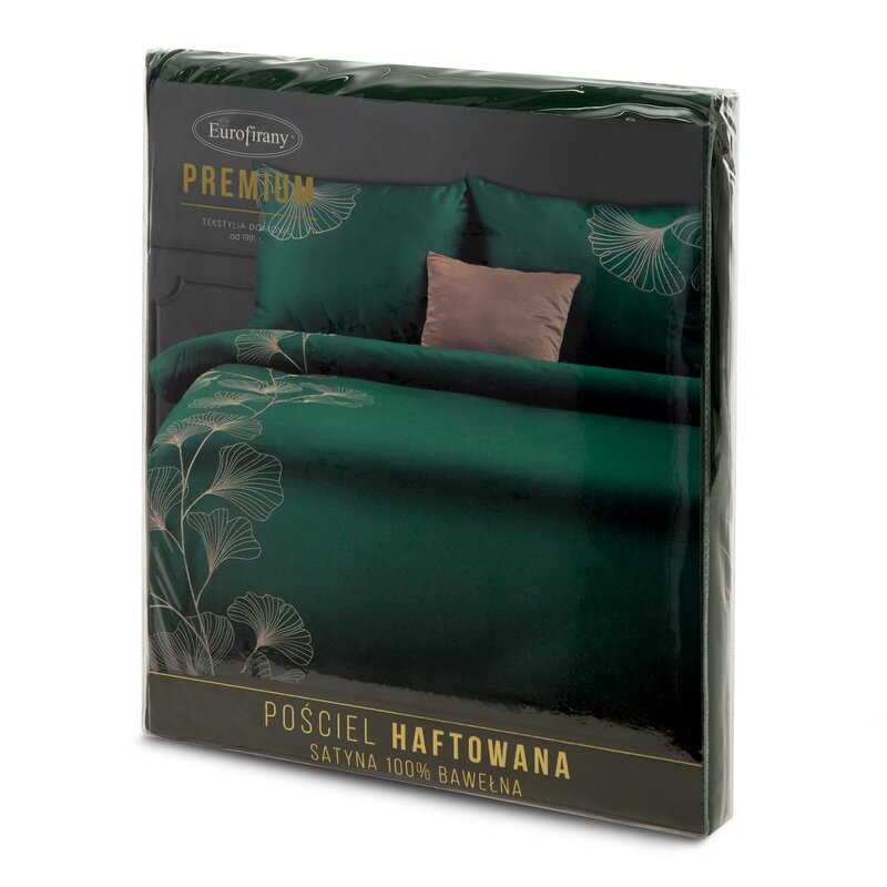 Pościel 160x200 satyna bawełniana PREMIUM zielono-złota haftowana liście